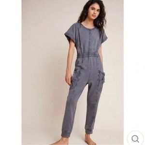 Anthropologie Charcoal Button-Front Jumpsuit